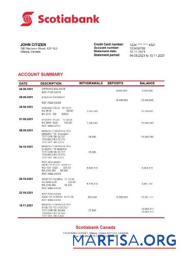 Downloadable Canada Scotiabank bank statement sample